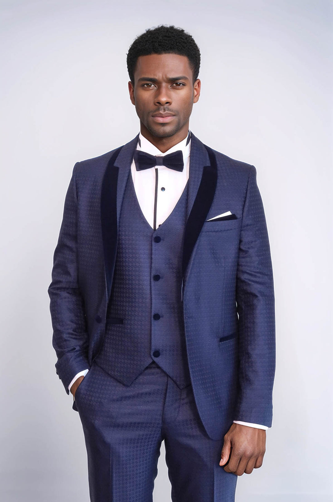 Patterned Velvet Lapel Navy Blue Men Tuxedo - Wessi