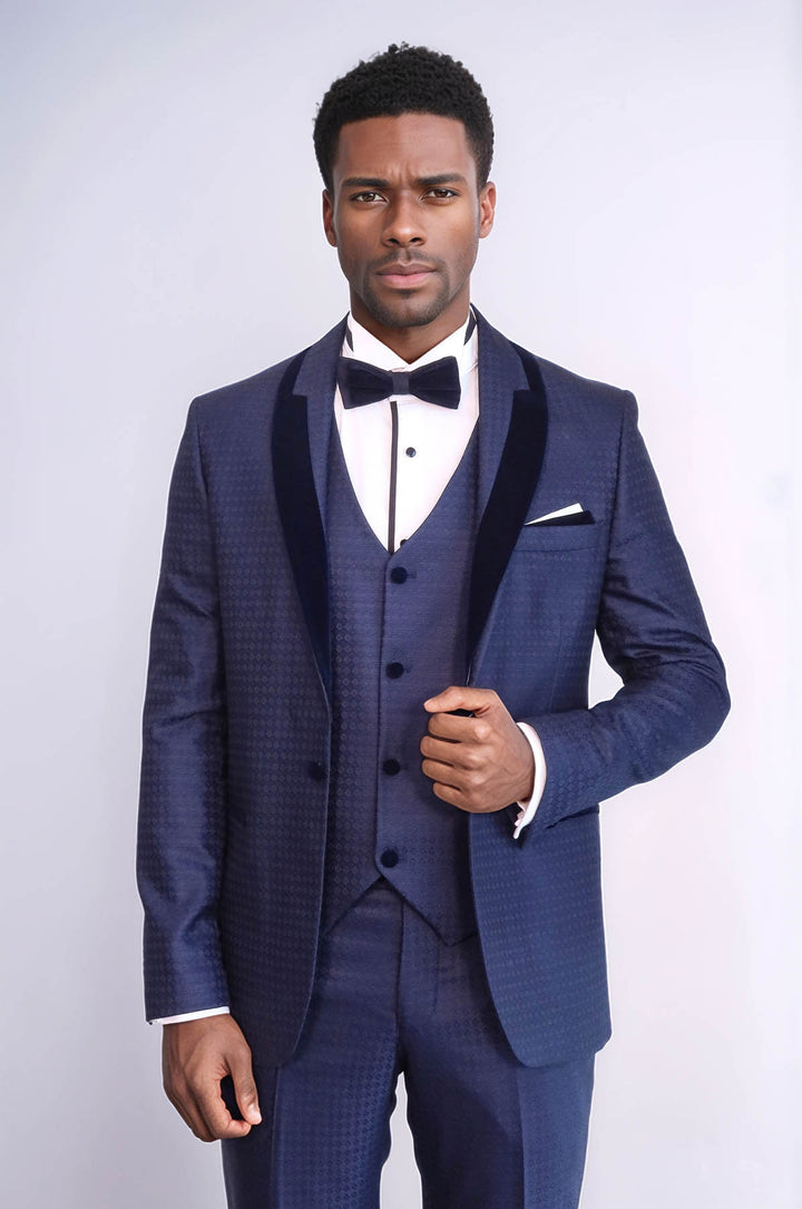 Patterned Velvet Lapel Navy Blue Men Tuxedo - Wessi