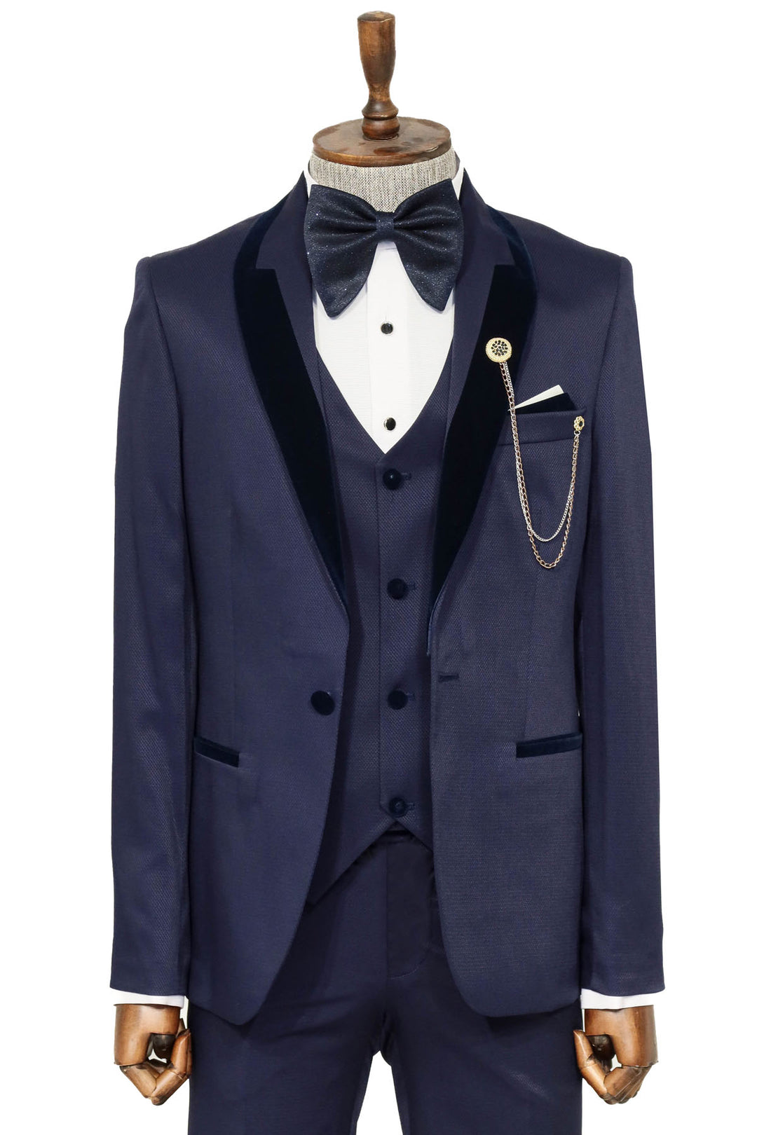 Patterned Velvet Lapel Navy Men Tuxedo - Wessi