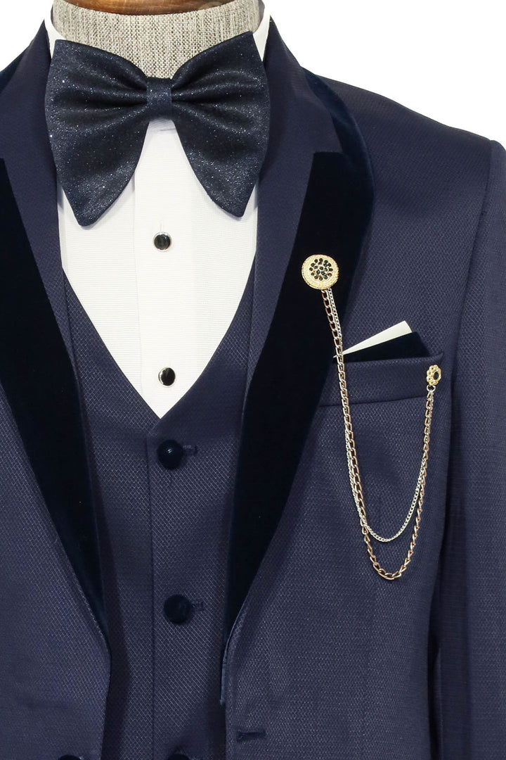 Patterned Velvet Lapel Navy Men Tuxedo - Wessi