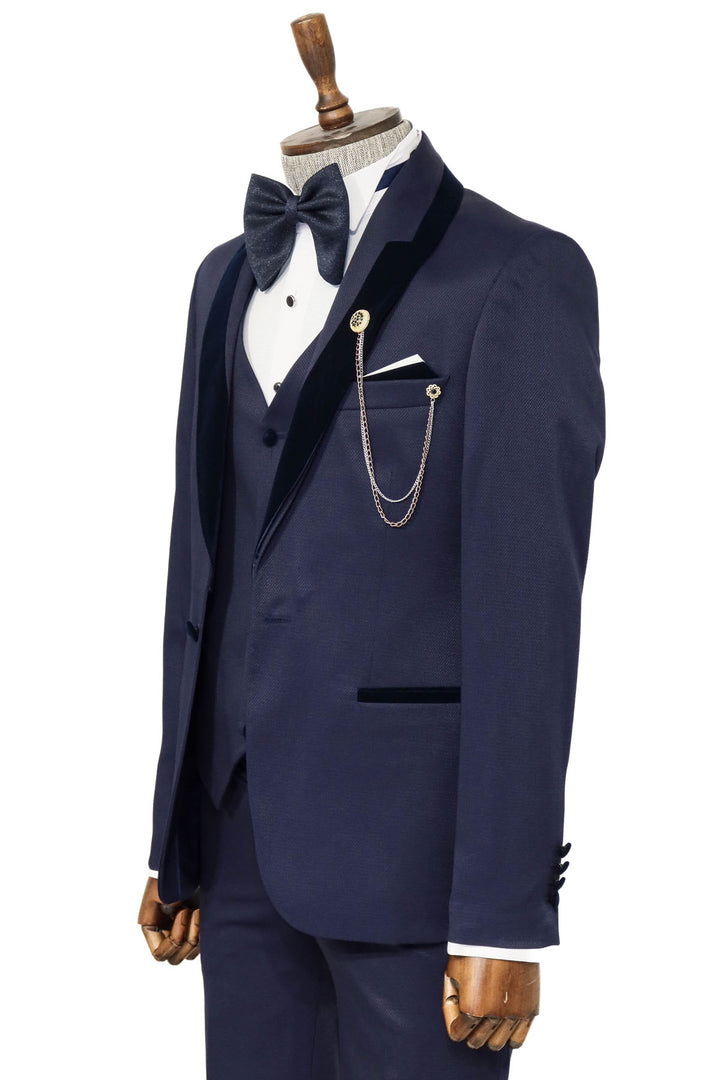 Patterned Velvet Lapel Navy Men Tuxedo - Wessi