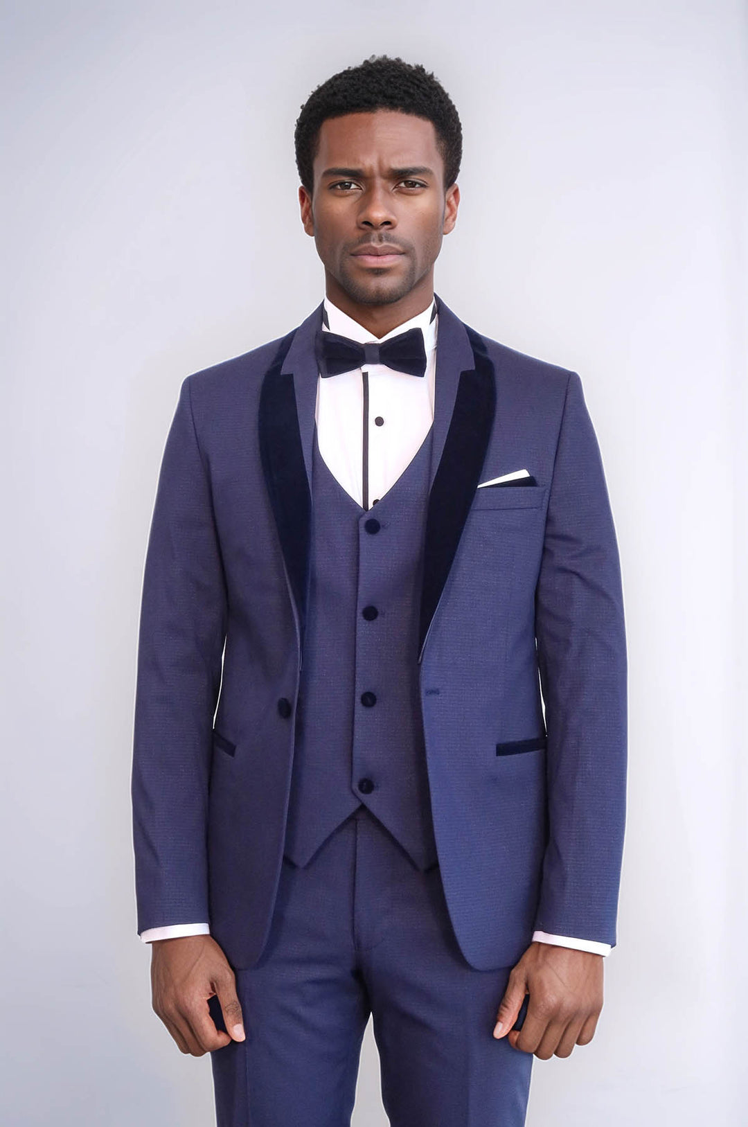 Patterned Velvet Lapel Navy Blue Tuxedo - Wessi