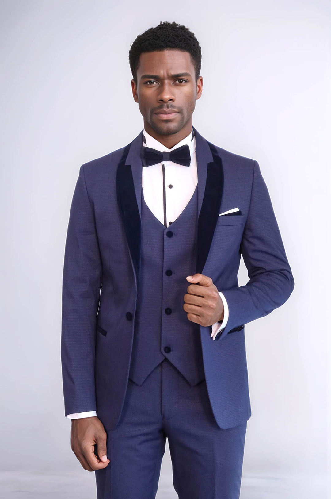 Patterned Velvet Lapel Navy Blue Tuxedo - Wessi