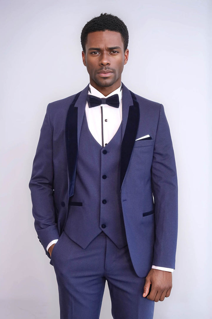 Patterned Velvet Lapel Navy Blue Tuxedo - Wessi