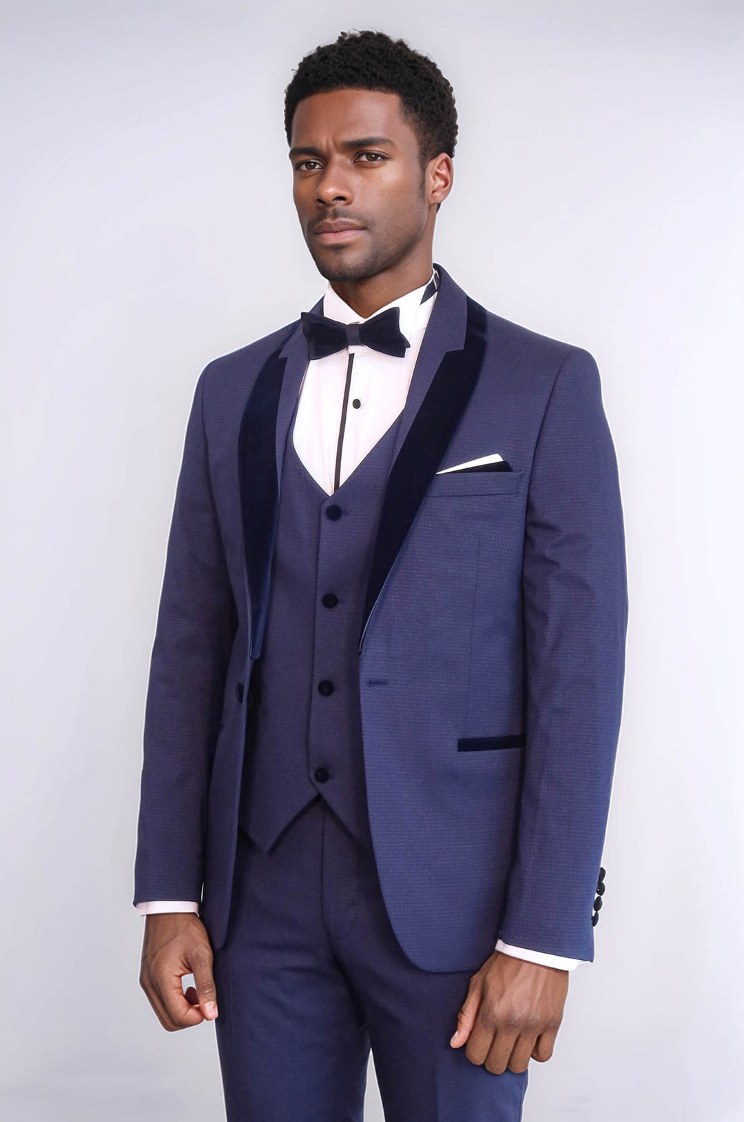 Patterned Velvet Lapel Navy Blue Tuxedo - Wessi