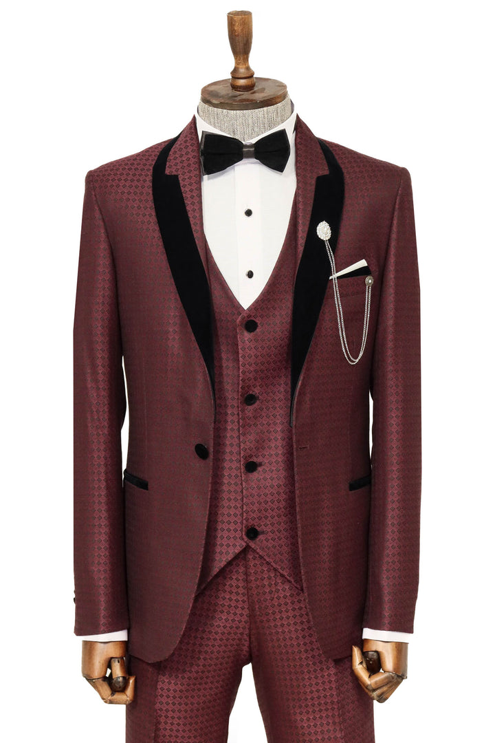 Patterned Burgundy Velvet Lapel Groom Suit - Wessi