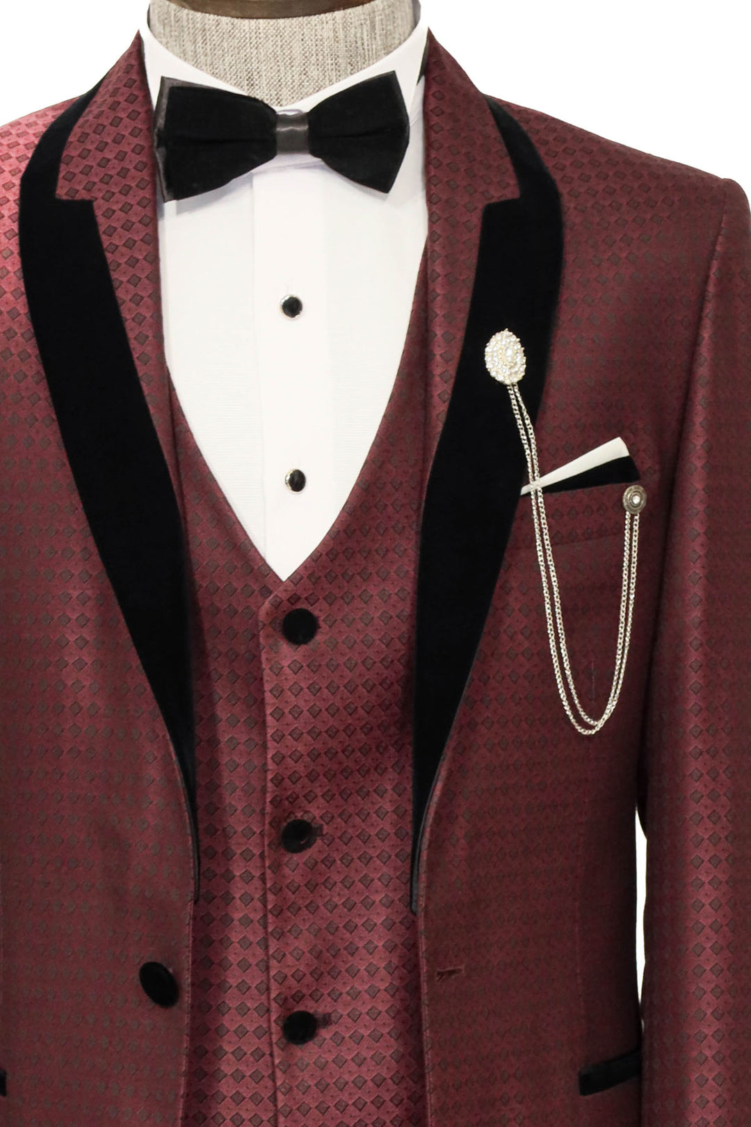 Patterned Burgundy Velvet Lapel Groom Suit - Wessi