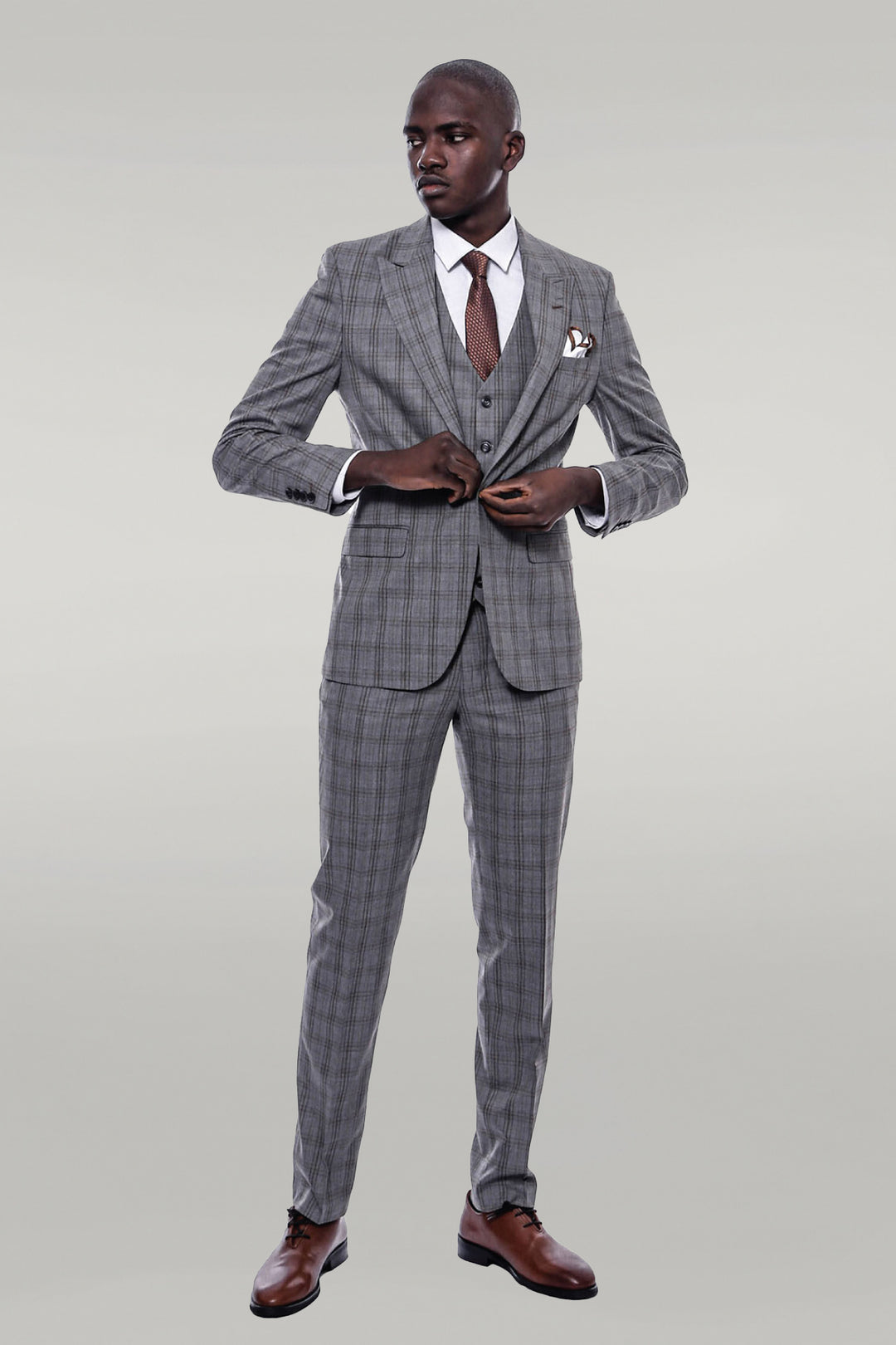 Checked Slim Fit Grey Men Suit - Wessi