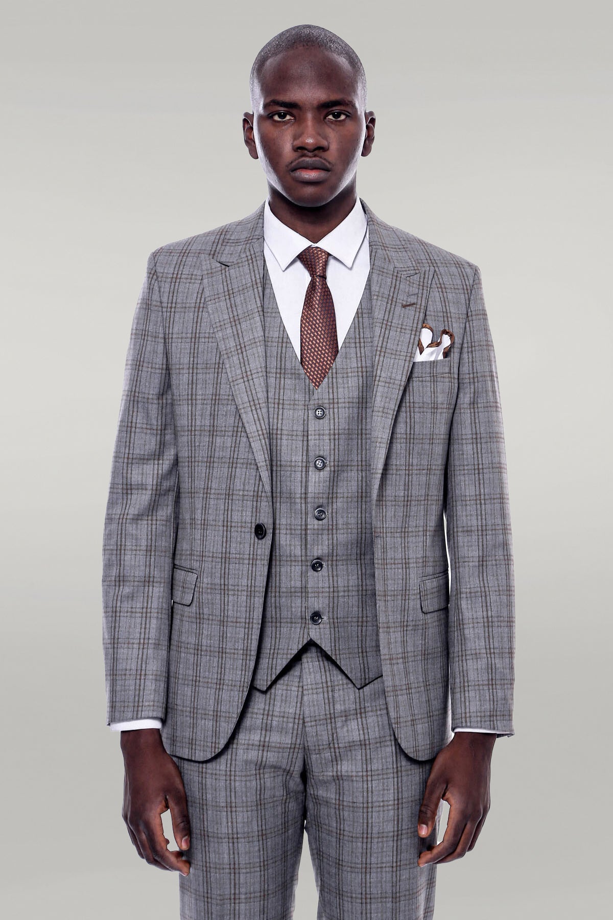 Grey check skinny suit best sale