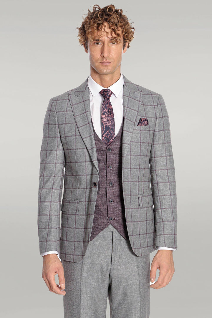 Slim Fit Checked Patterned Grey Men Suit - Wessi