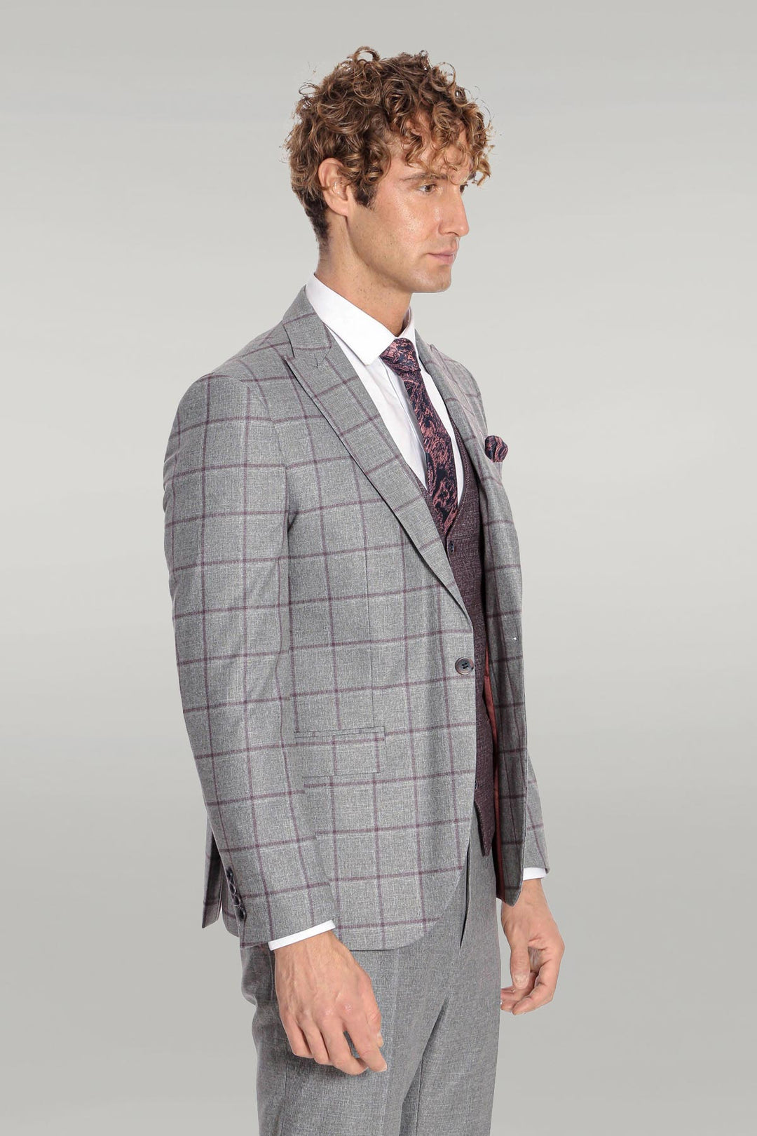 Slim Fit Checked Patterned Grey Men Suit - Wessi