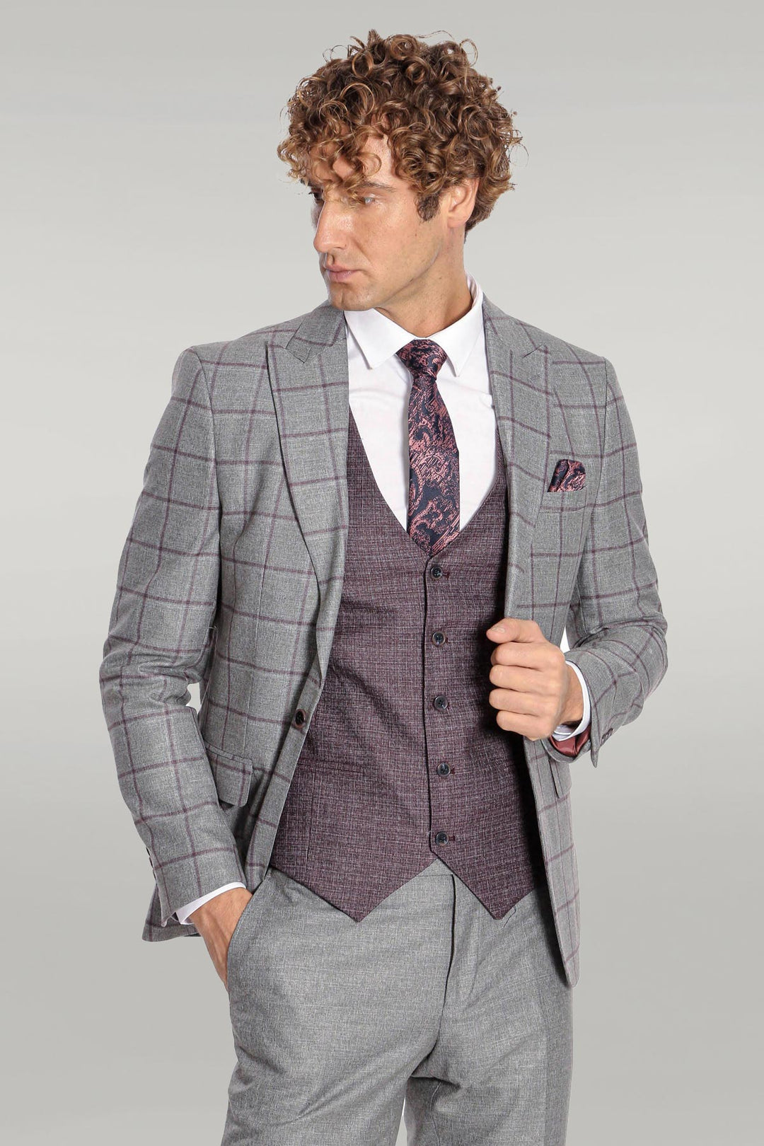 Traje gris slim fit a cuadros estampado para hombre - Wessi