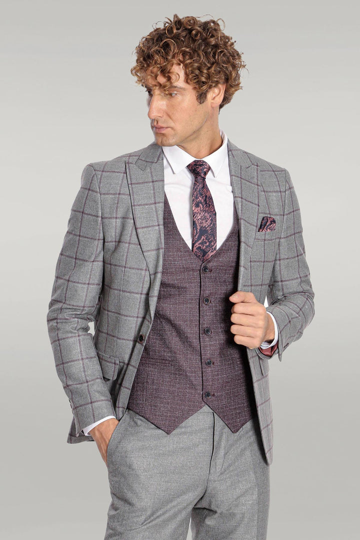 Slim Fit Checked Patterned Grey Men Suit - Wessi