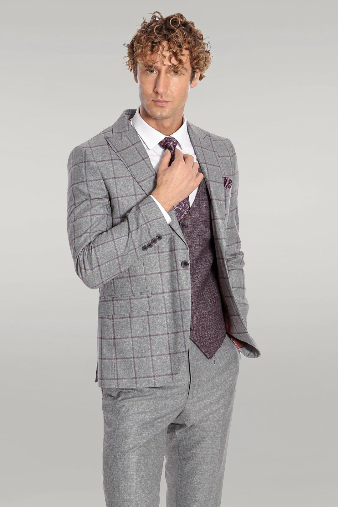 Slim Fit Checked Patterned Grey Men Suit - Wessi