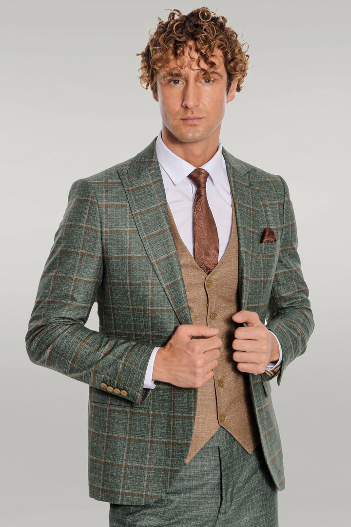 Slim Fit Checked Patterned Green Men Suit - Wessi