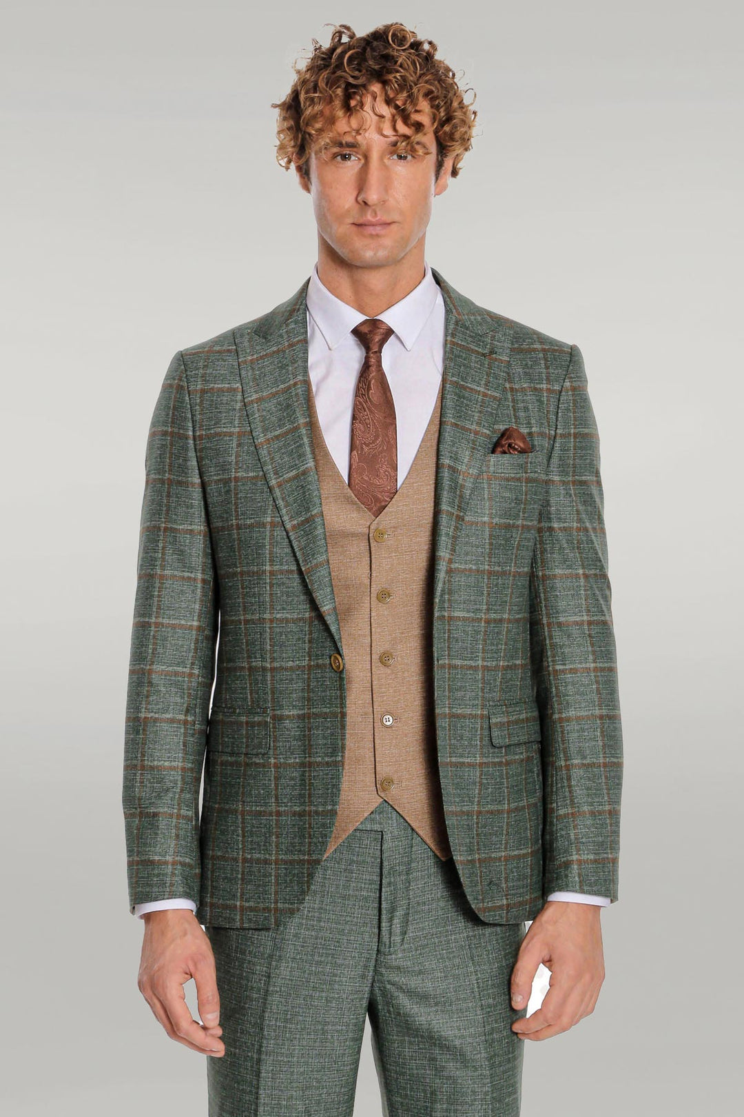 Slim Fit Checked Patterned Green Men Suit - Wessi