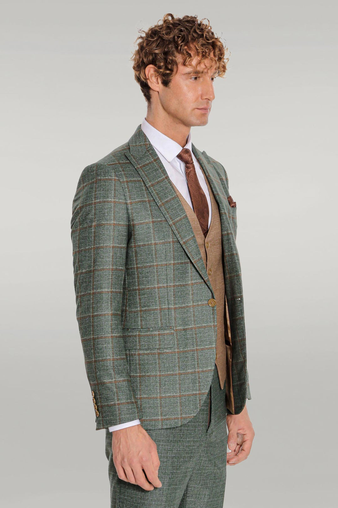 Slim Fit Checked Patterned Green Men Suit - Wessi