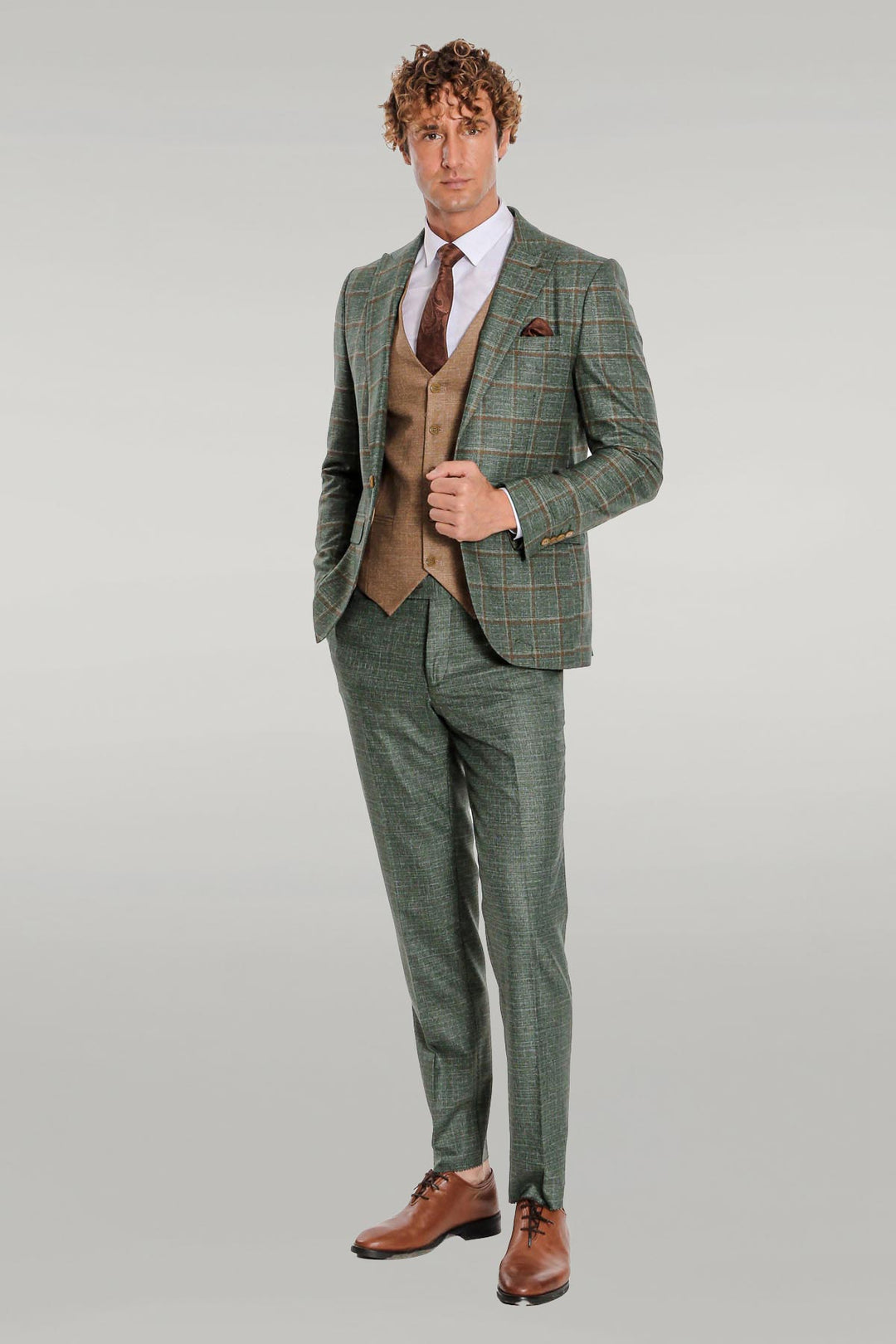 Traje de hombre verde slim fit a cuadros estampado - Wessi