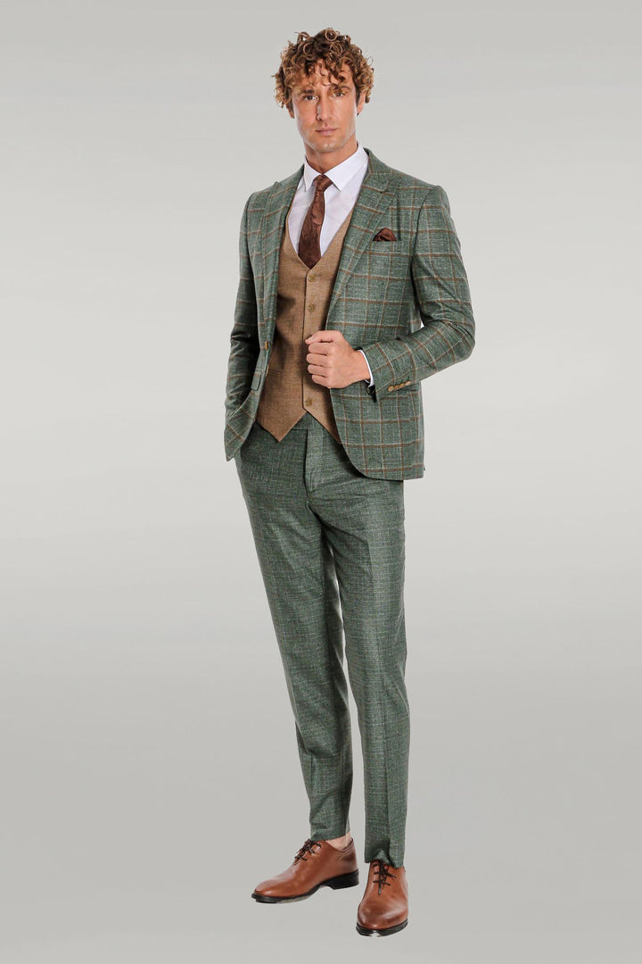 Slim Fit Checked Patterned Green Men Suit - Wessi