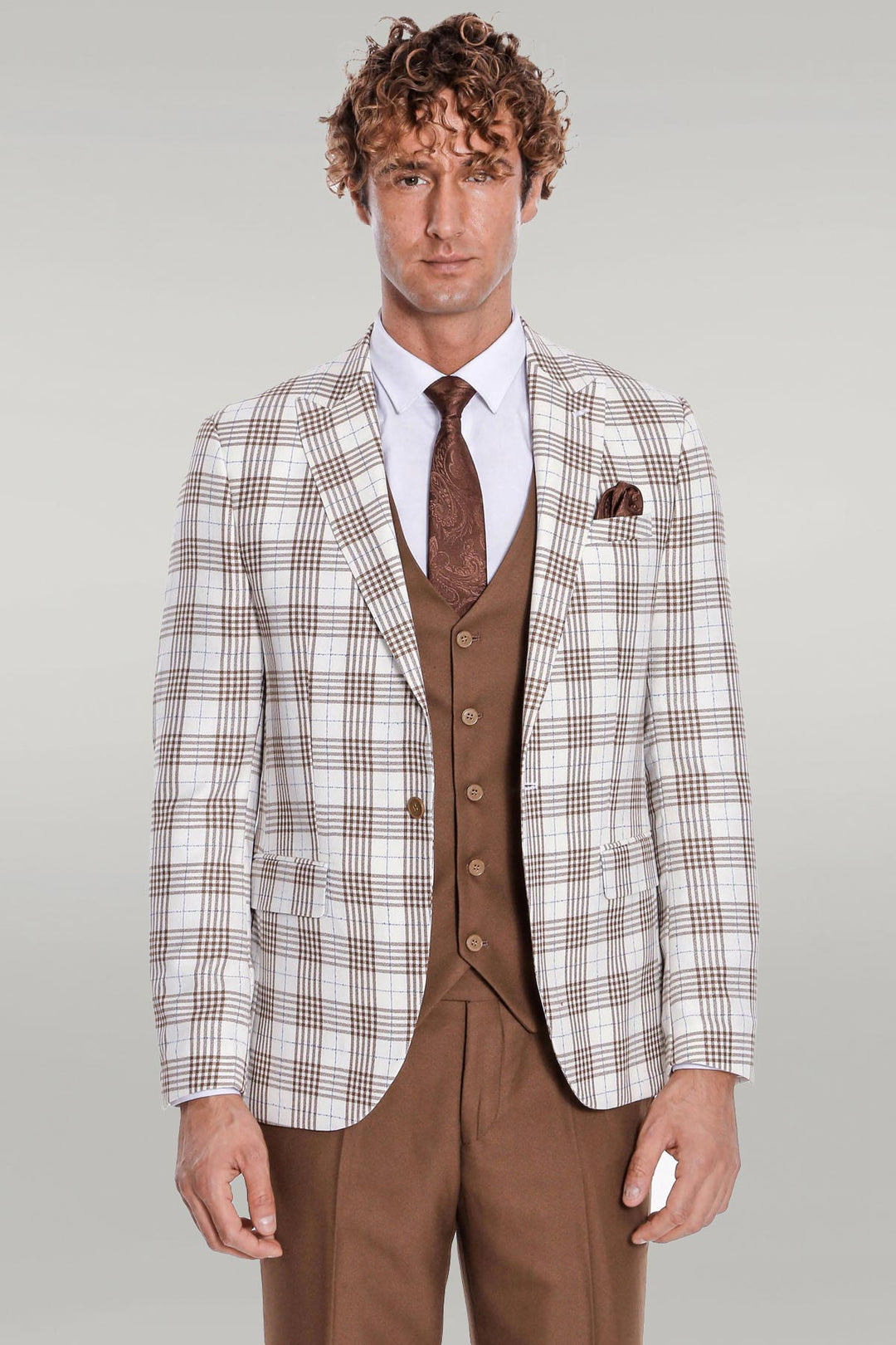 Checked Slim Fit Brown Men Suit - Wessi