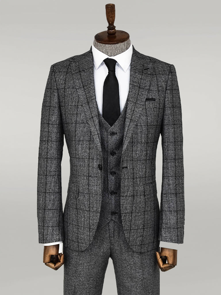 Slim Fit Checked Dark Grey Men Suit - Wessi