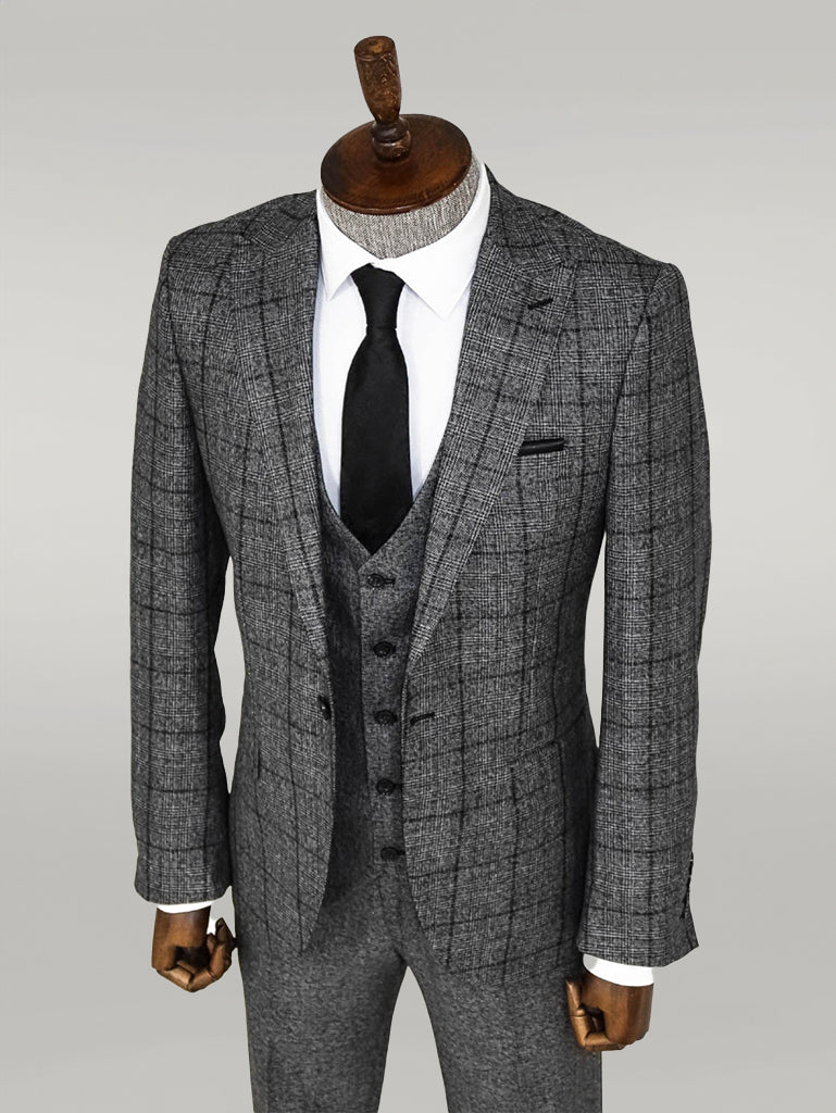 Slim Fit Checked Dark Grey Men Suit - Wessi