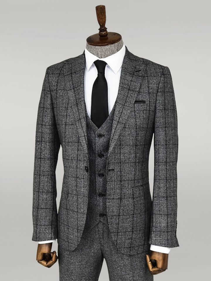 Slim Fit Checked Dark Grey Men Suit - Wessi