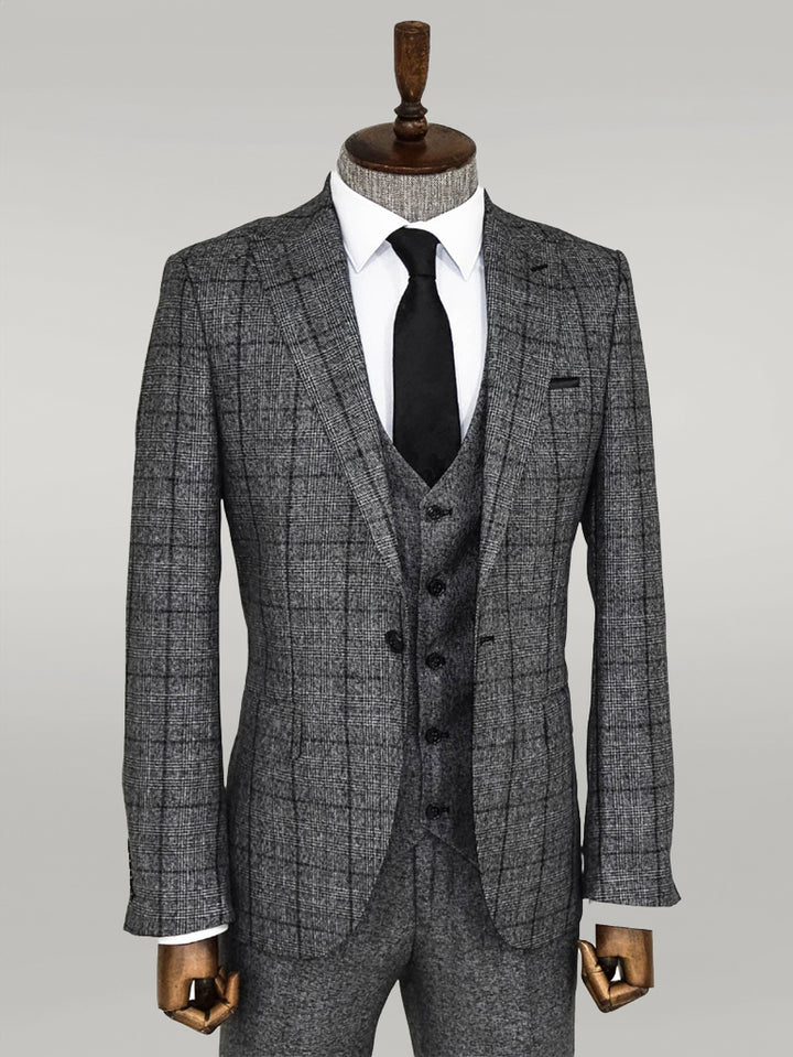 Slim Fit Checked Dark Grey Men Suit - Wessi