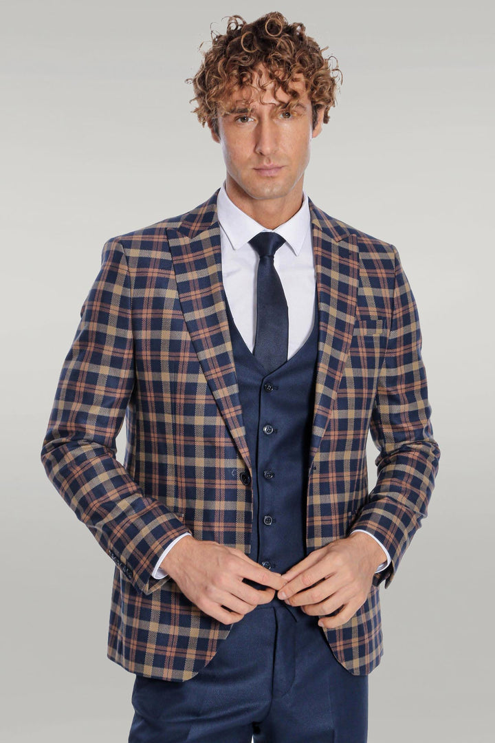 Checked Blazer Slim Fit Navy Blue Men Suit - Wessi