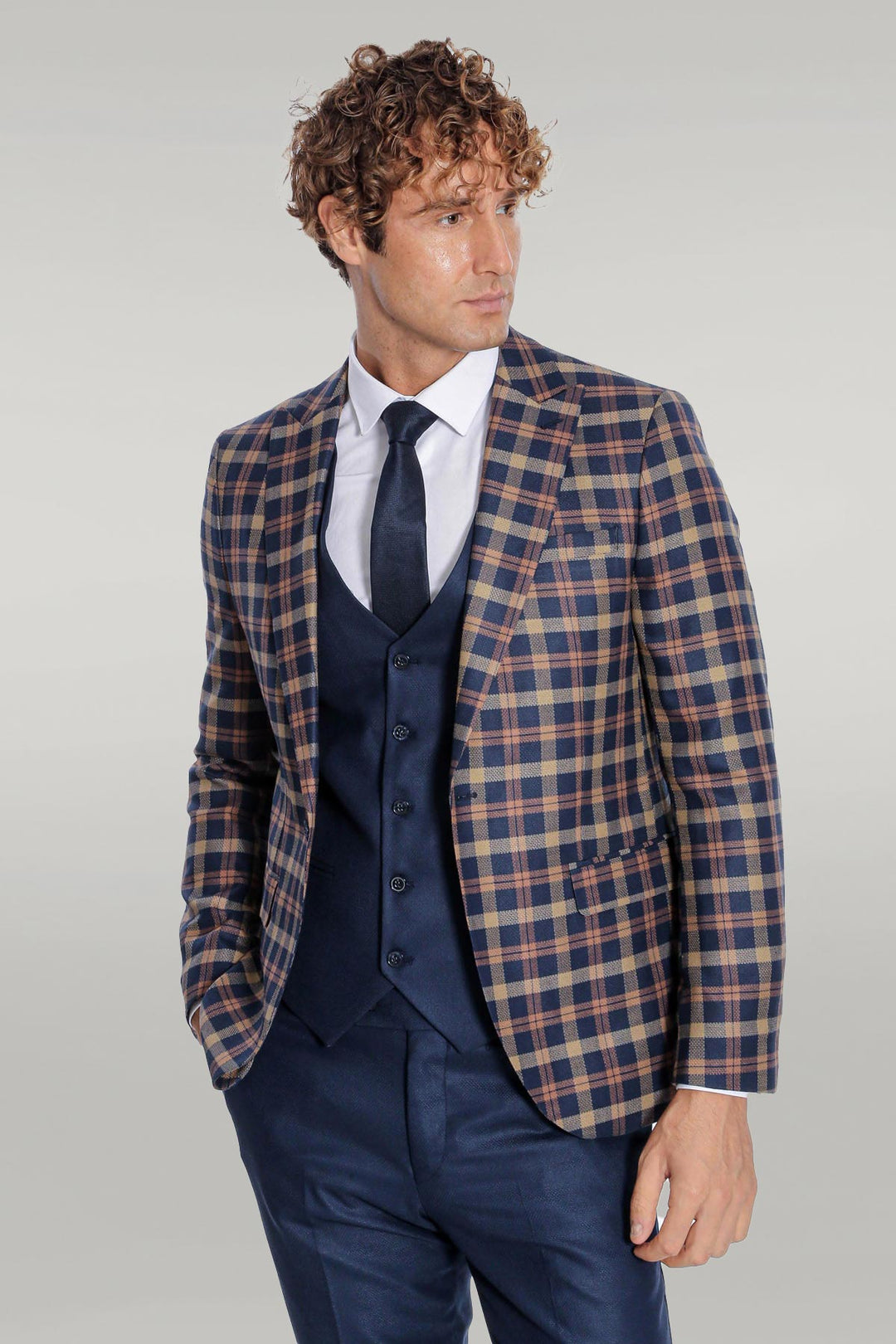 Checked Blazer Slim Fit Navy Blue Men Suit - Wessi