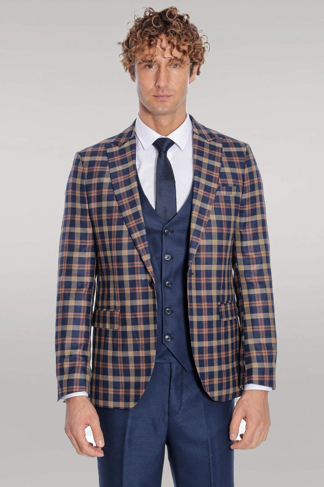 Checked Blazer Slim Fit Navy Blue Men Suit - Wessi