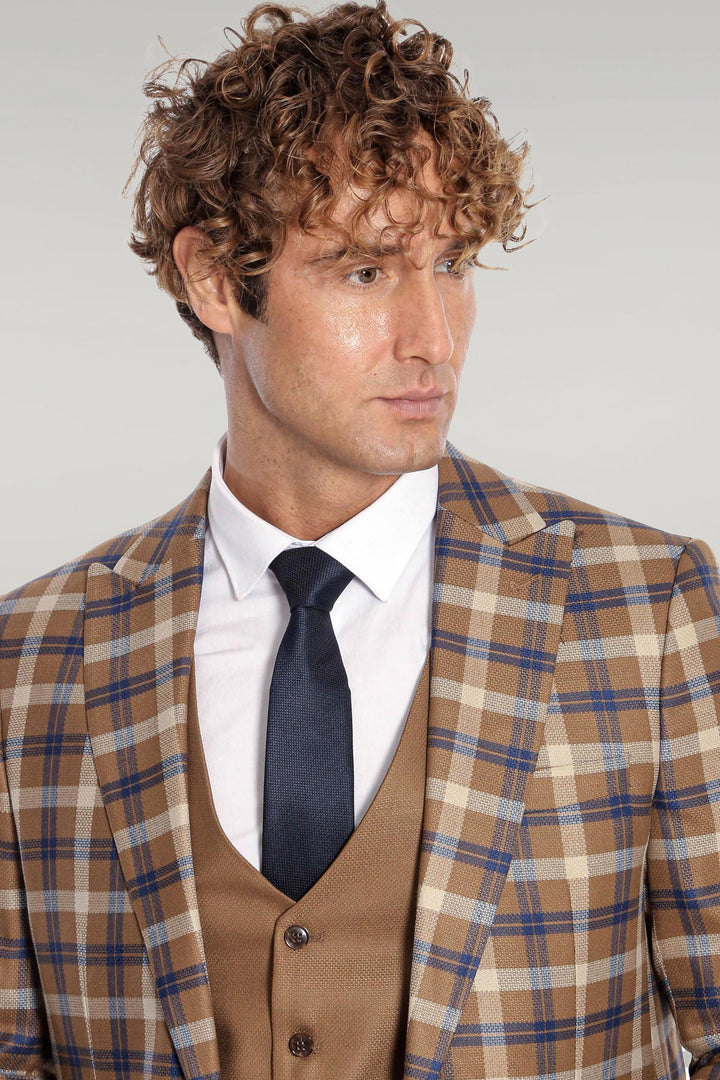 Checked Slim Fit Brown Men Suit  - Wessi