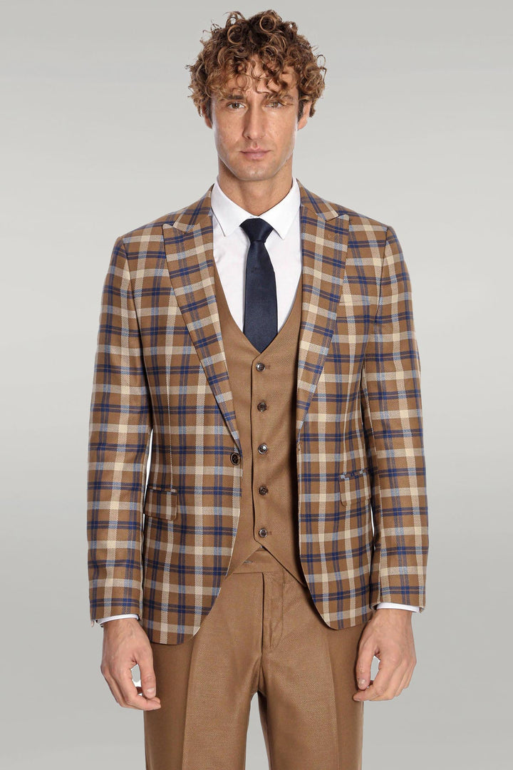 Checked Slim Fit Brown Men Suit  - Wessi