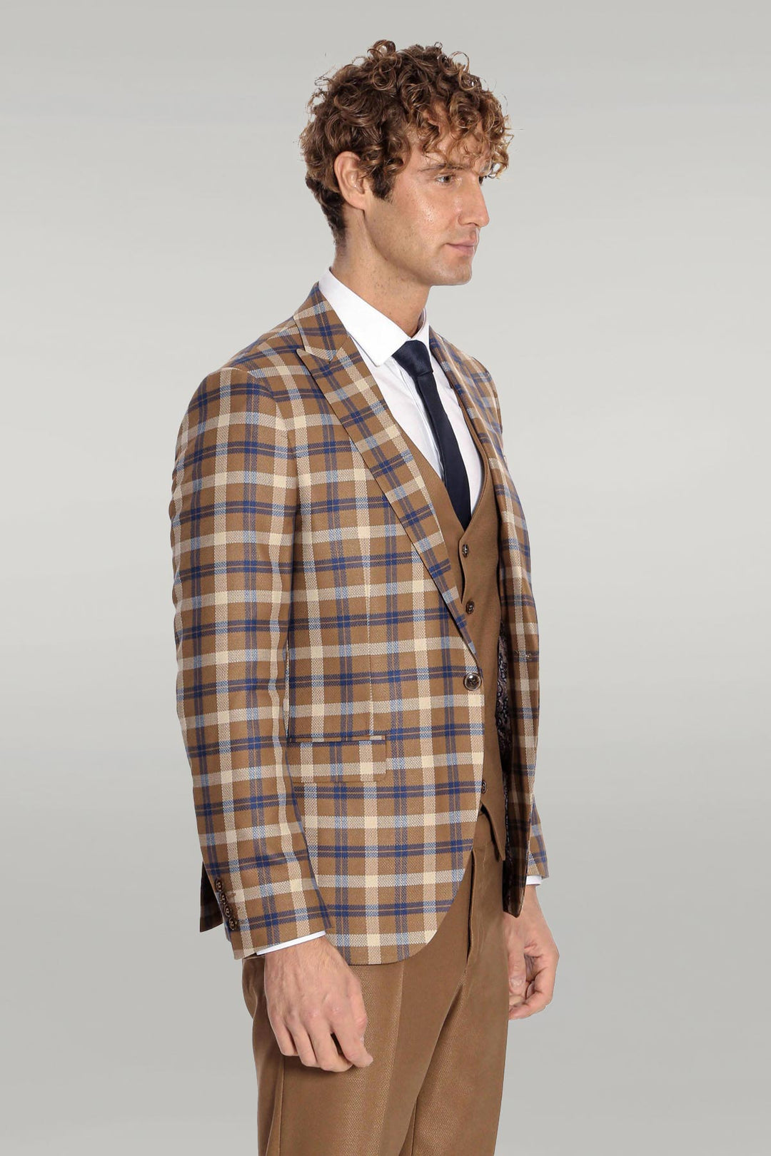 Checked Slim Fit Brown Men Suit  - Wessi