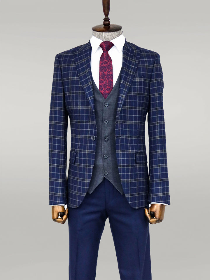 Blue Vested Slim Fit Checked Navy Blue Men Suit and Shirt Combination- Wessi