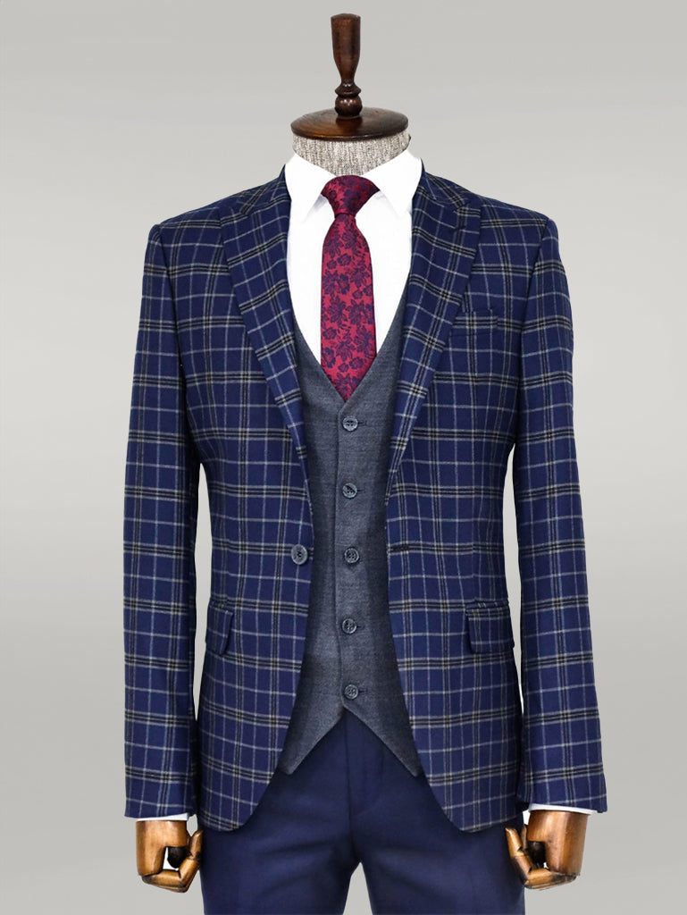 Blue Vested Slim Fit Checked Navy Blue Men Suit and Shirt Combination- Wessi