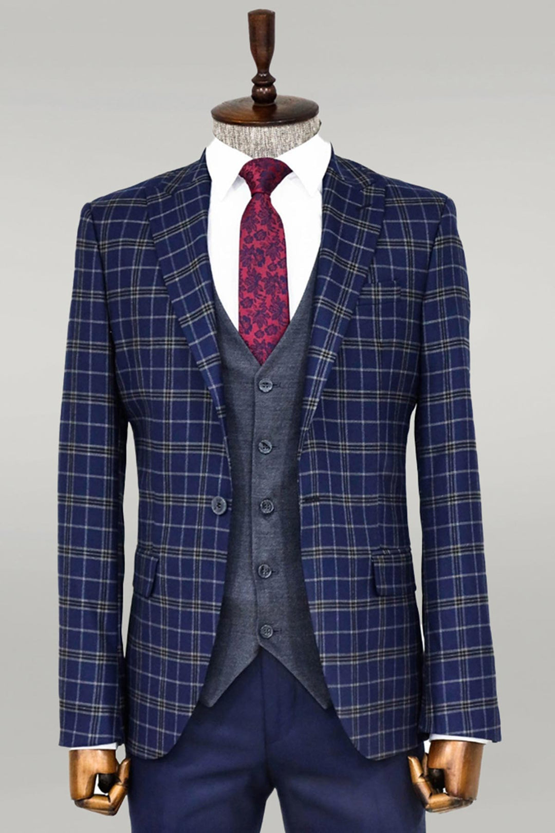 Blue Vested Slim Fit Checked Navy Blue Men Suit and Shirt Combination- Wessi