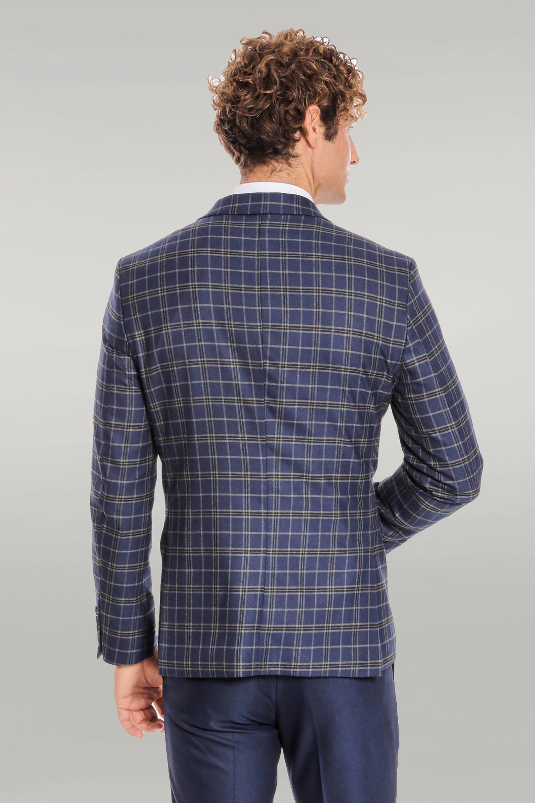 Blue Vested Slim Fit Checked Navy Blue Men Suit - Wessi