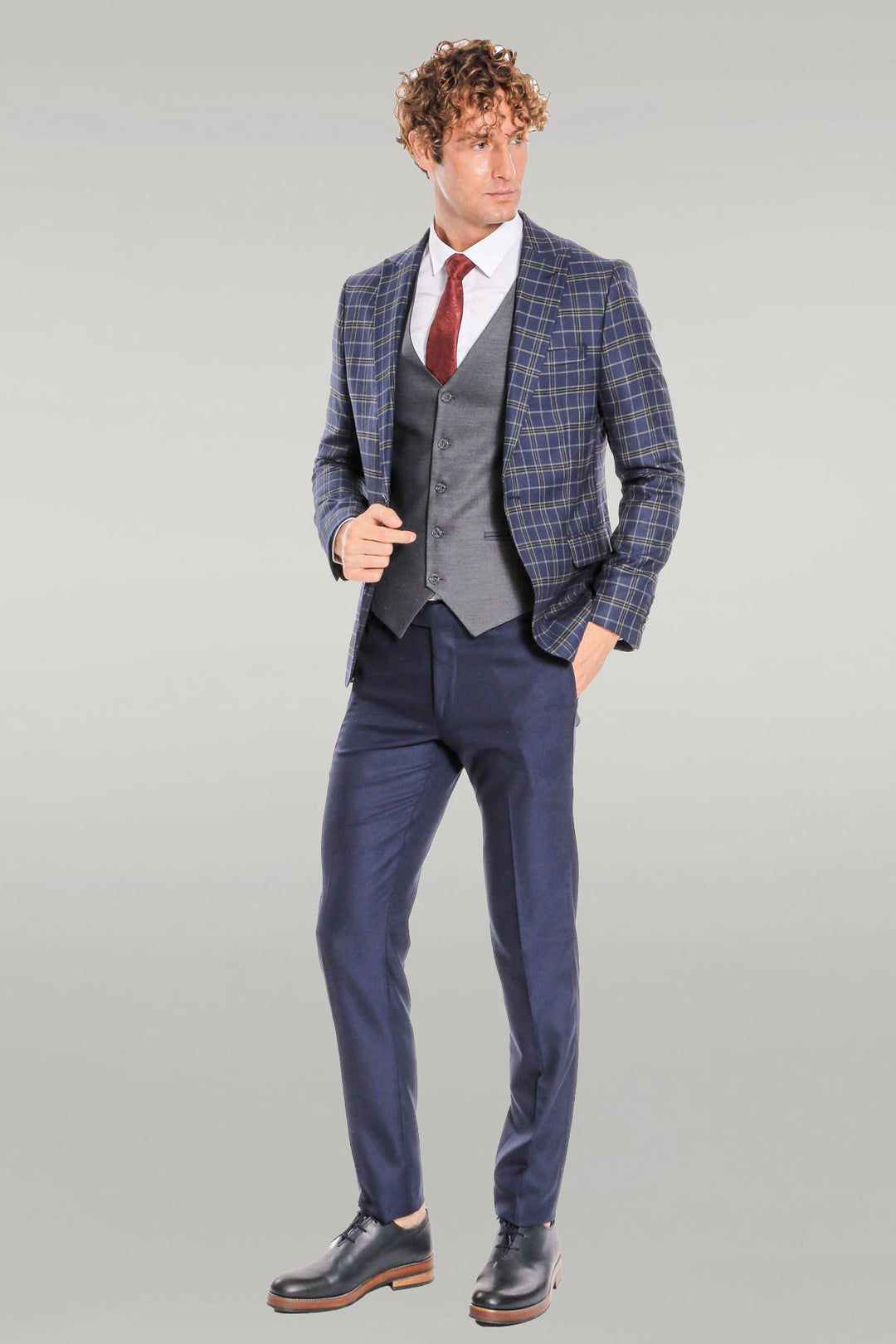 Blue Vested Slim Fit Checked Navy Blue Men Suit - Wessi