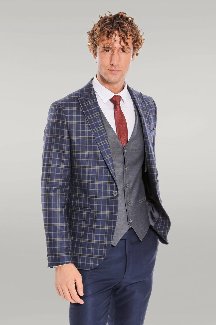 Blue Vested Slim Fit Checked Navy Blue Men Suit - Wessi