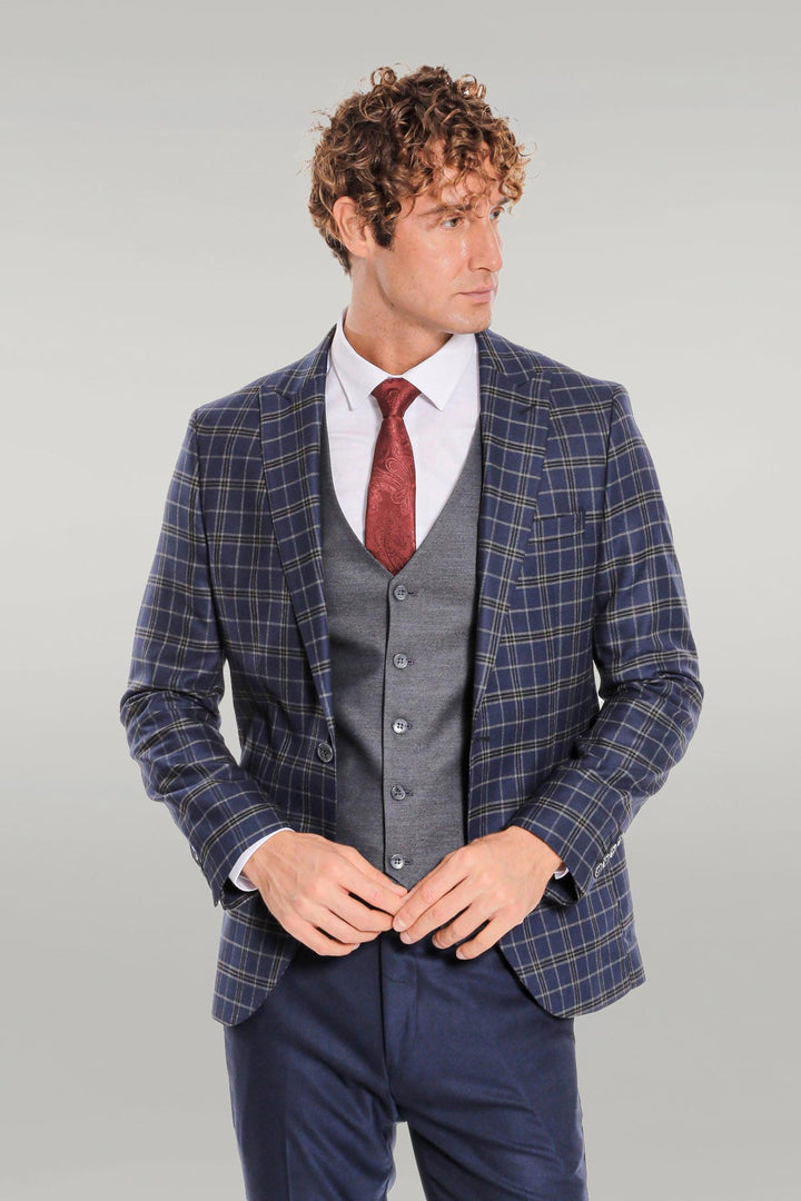 Blue Vested Slim Fit Checked Navy Blue Men Suit - Wessi