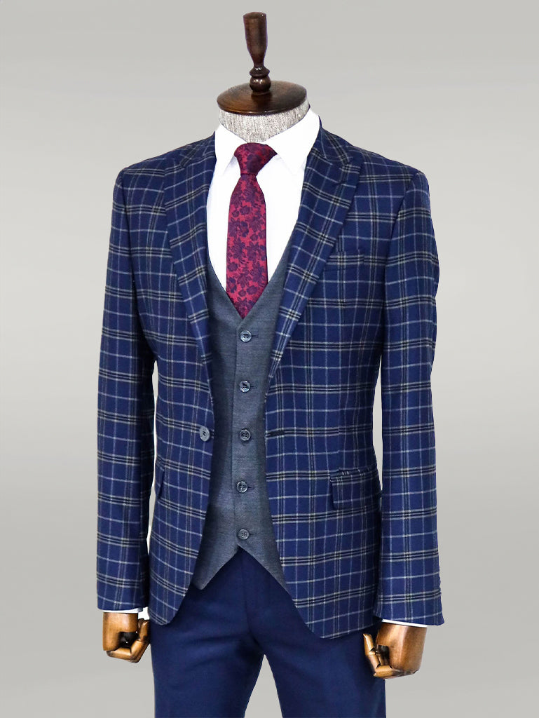 Blue Vested Slim Fit Checked Navy Blue Men Suit and Shirt Combination- Wessi