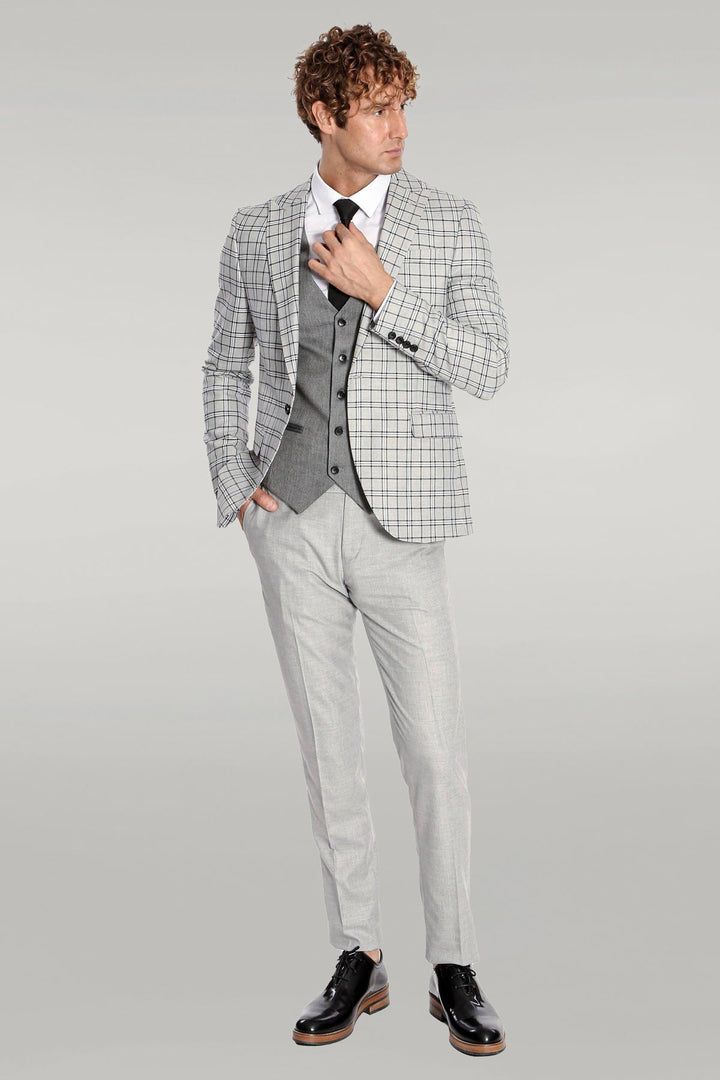 Grey Vested Slim Fit Checked Light Grey Men Suit - Wessi