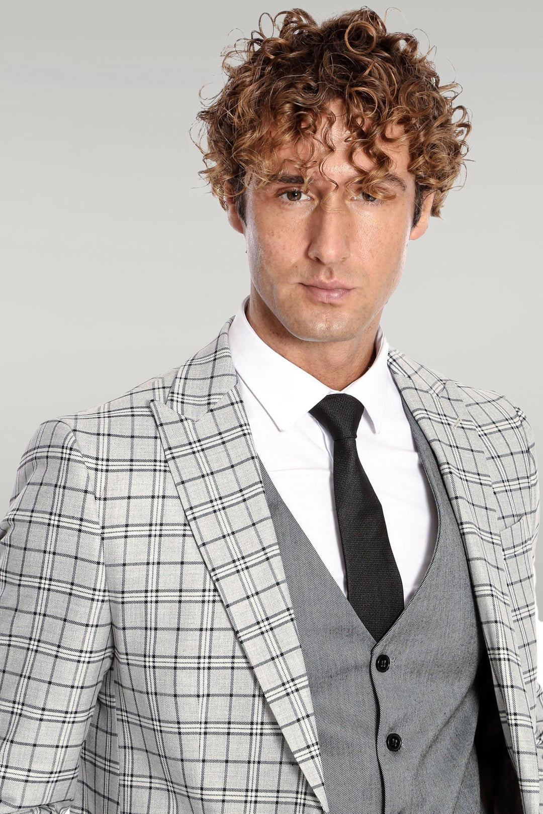 Grey Vested Slim Fit Checked Light Grey Men Suit - Wessi