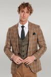 Brown Vested Slim Fit Checked Tan Men Suit - Wessi