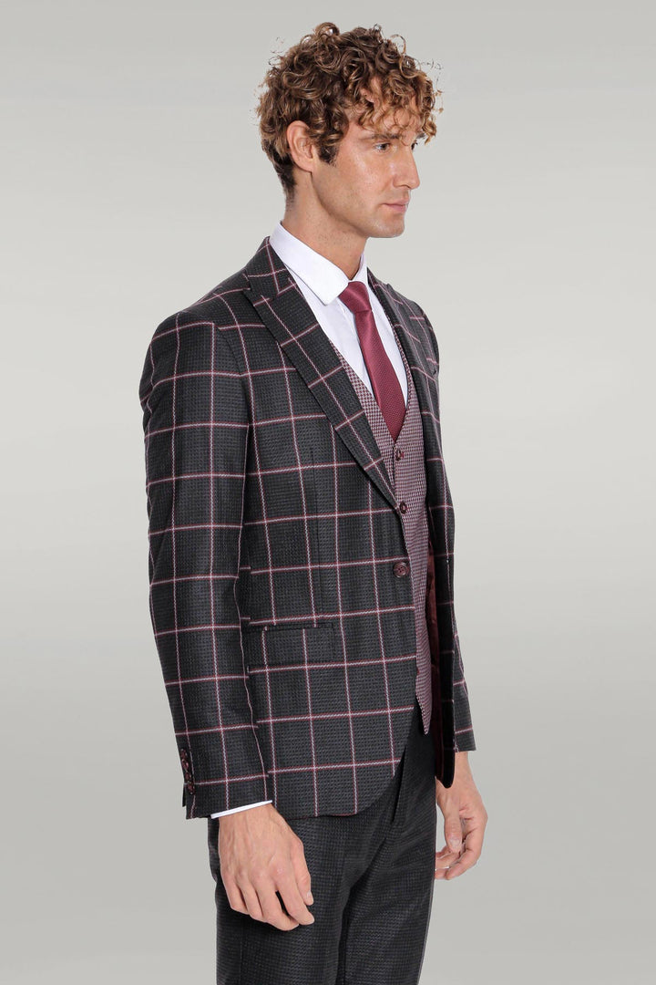 Checked Patterned Slim Fit Black Men Suit - Wessi