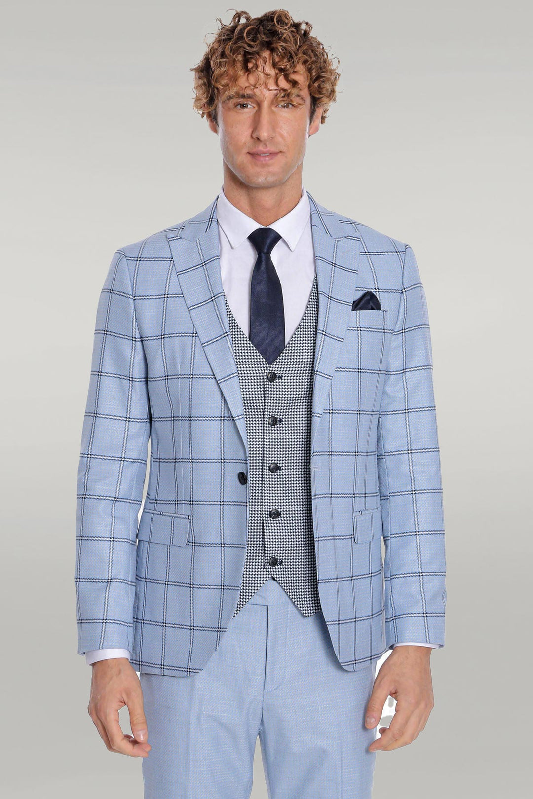 Checked Patterned Slim Fit Light Blue Men Suit - Wessi