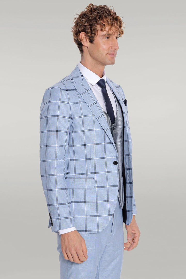 Checked Patterned Slim Fit Light Blue Men Suit - Wessi