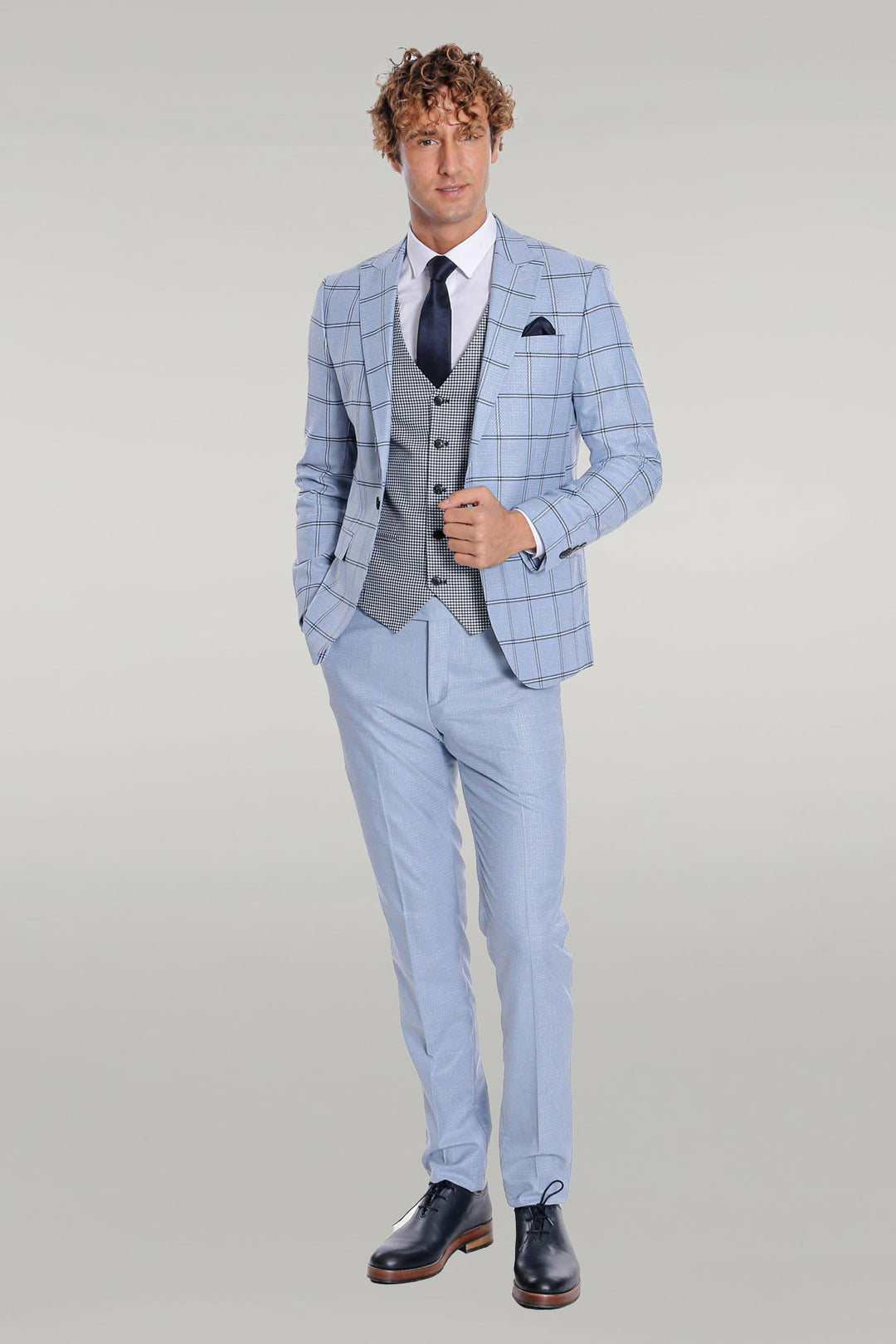 Checked Patterned Slim Fit Light Blue Men Suit - Wessi