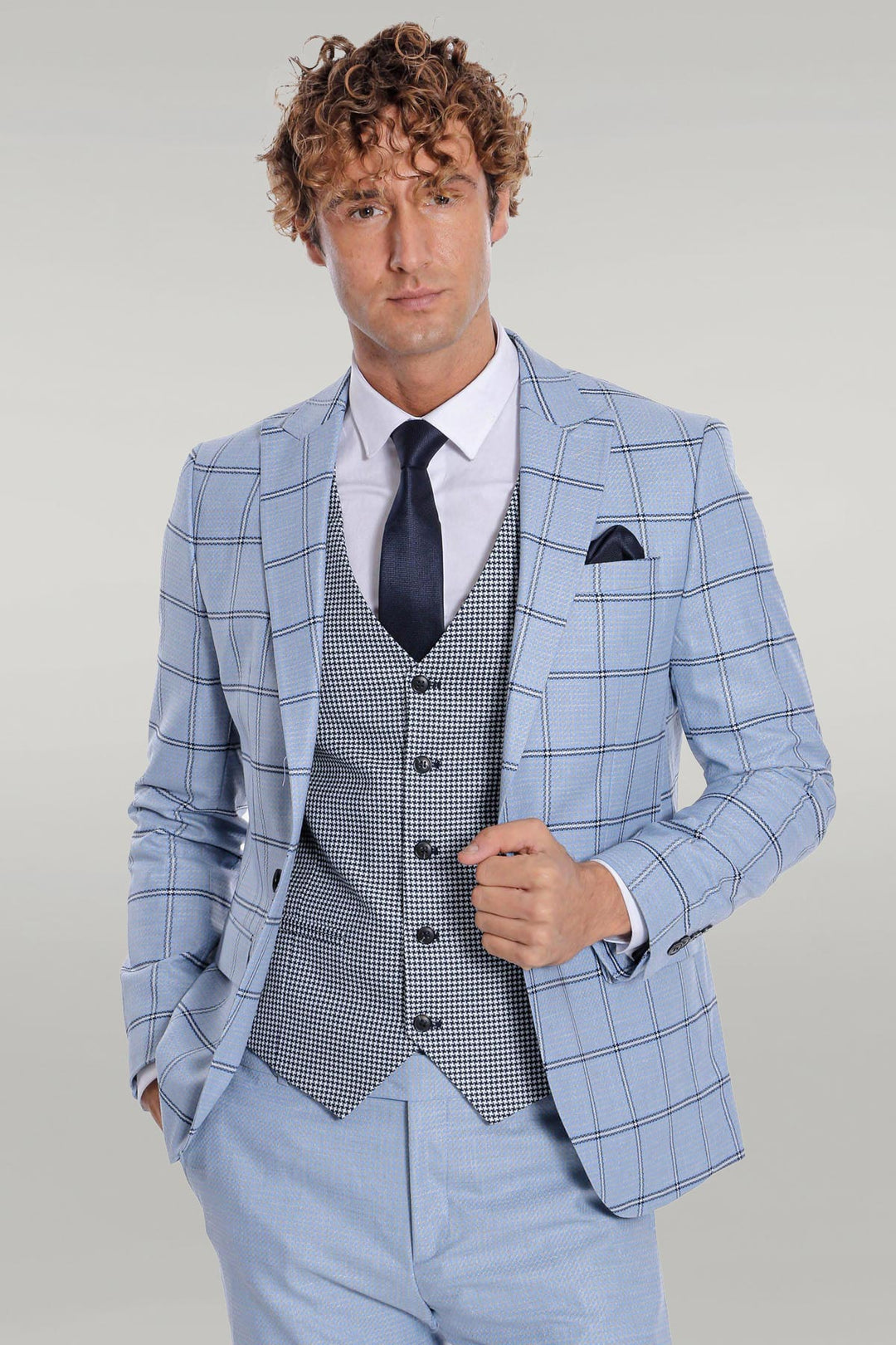 Traje de hombre azul claro estampado de cuadros slim fit - Wessi